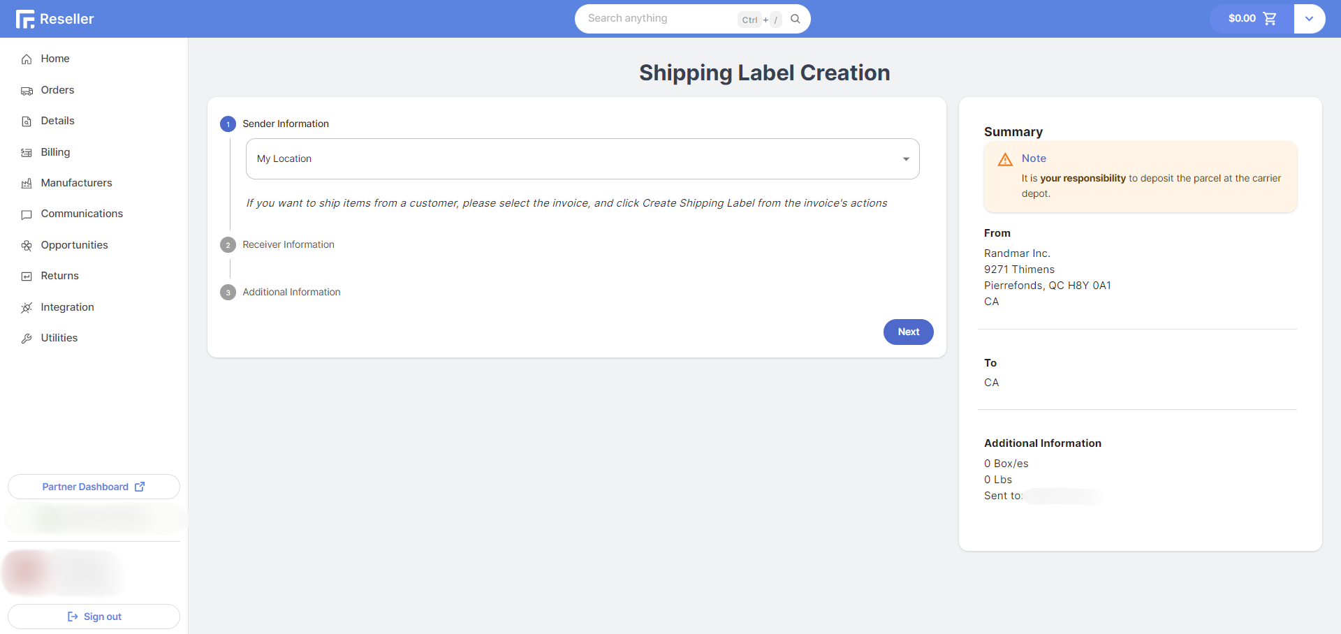 Reseller Portal Create Shipping Label from Utilities