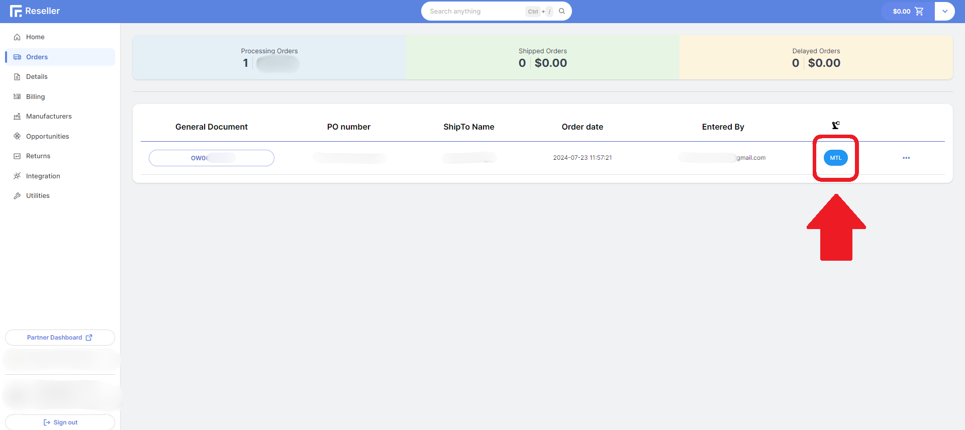 Reseller Portal Orders Grid