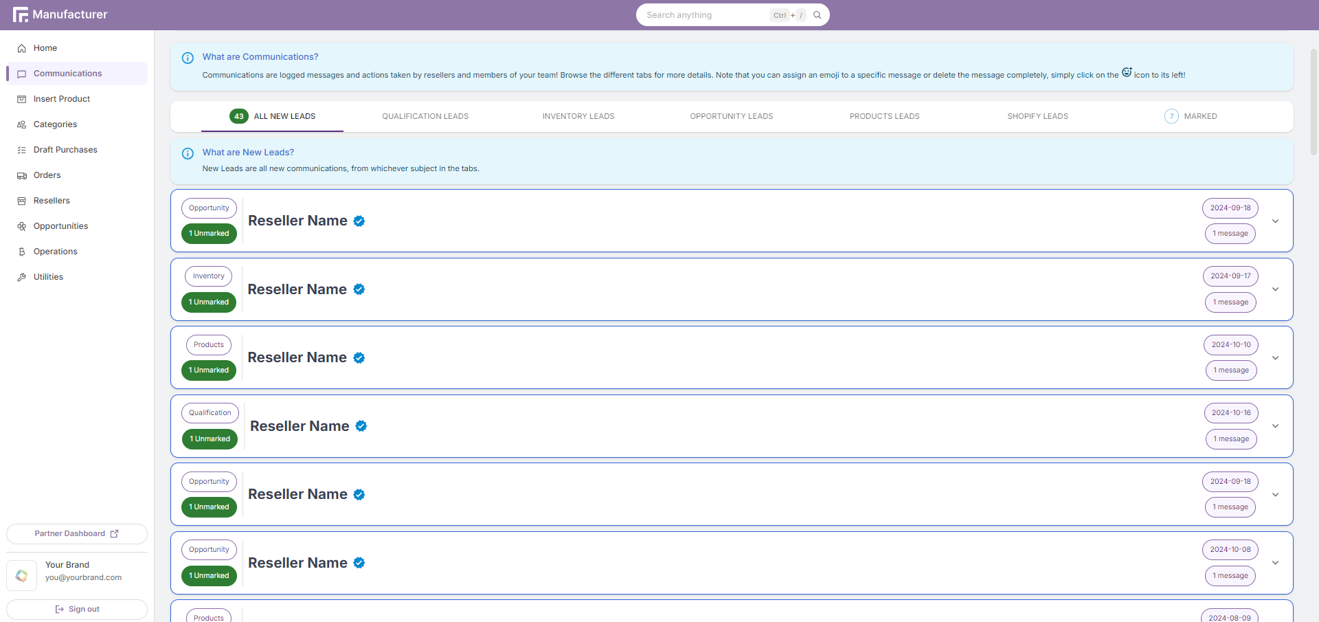 Manufacturer Portal Communications Page