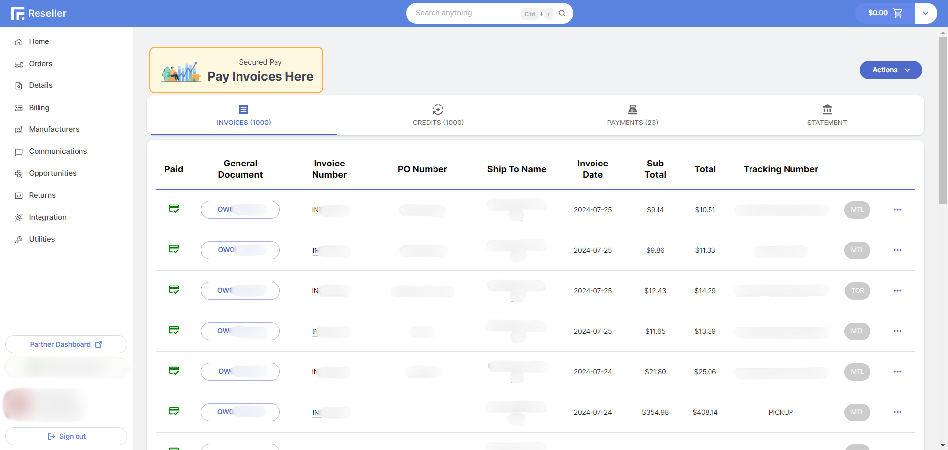 Reseller Portal Billing Grid