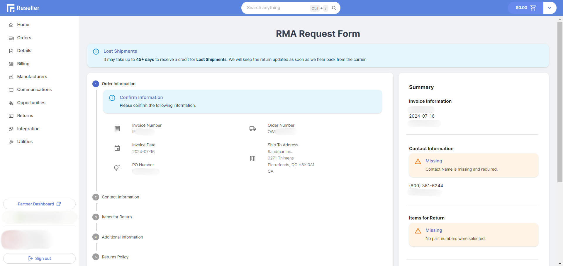 Reseller Portal Create RMA