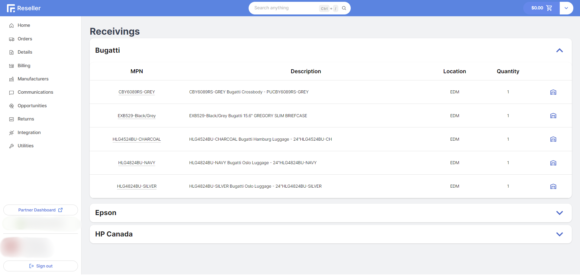 Reseller Portal Receivings Page