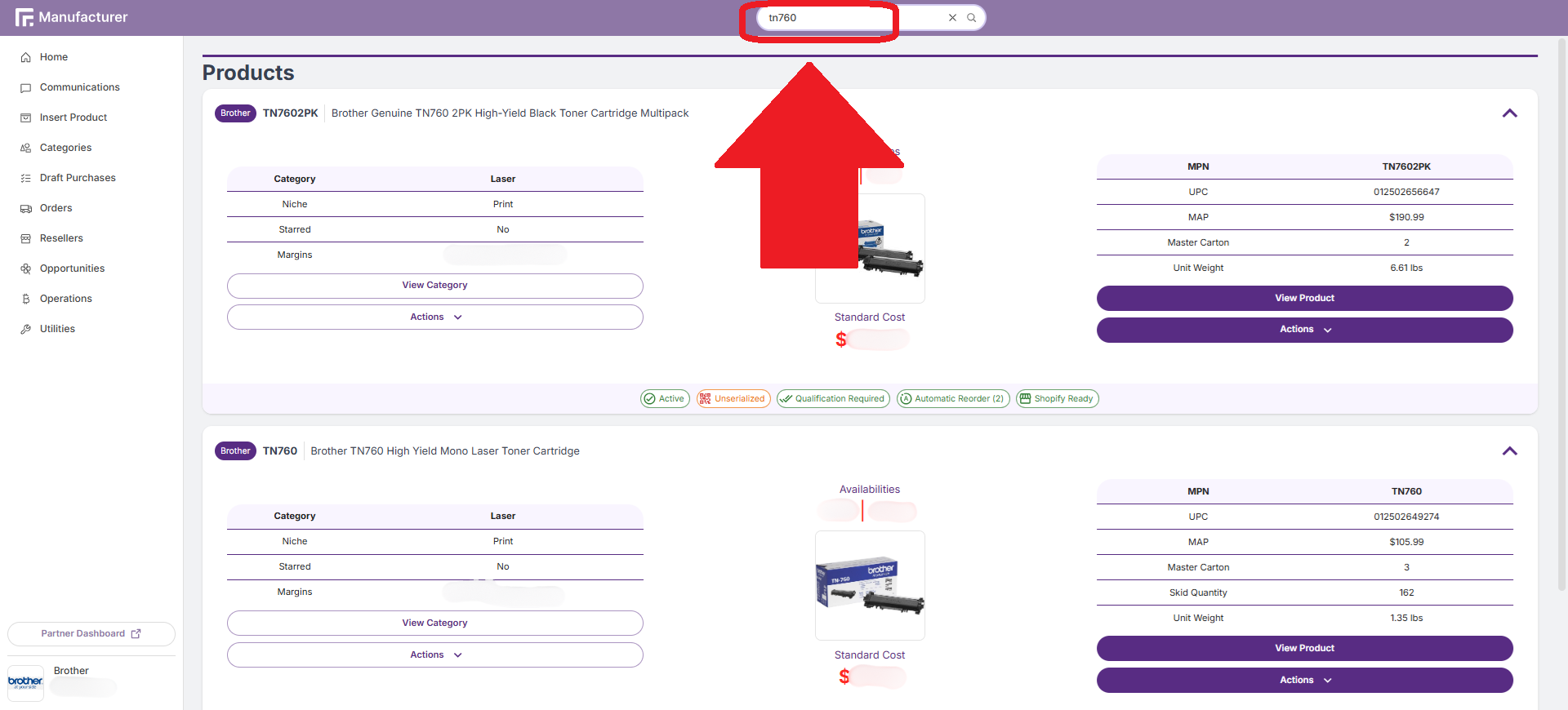 Manufacturer Portal Item Search Results